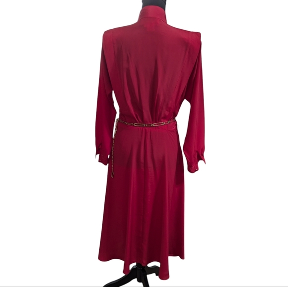Vintage Alain Toussaint Red Midi Dress Long Sleeve Button Front Belted 6P - Picture 9 of 15